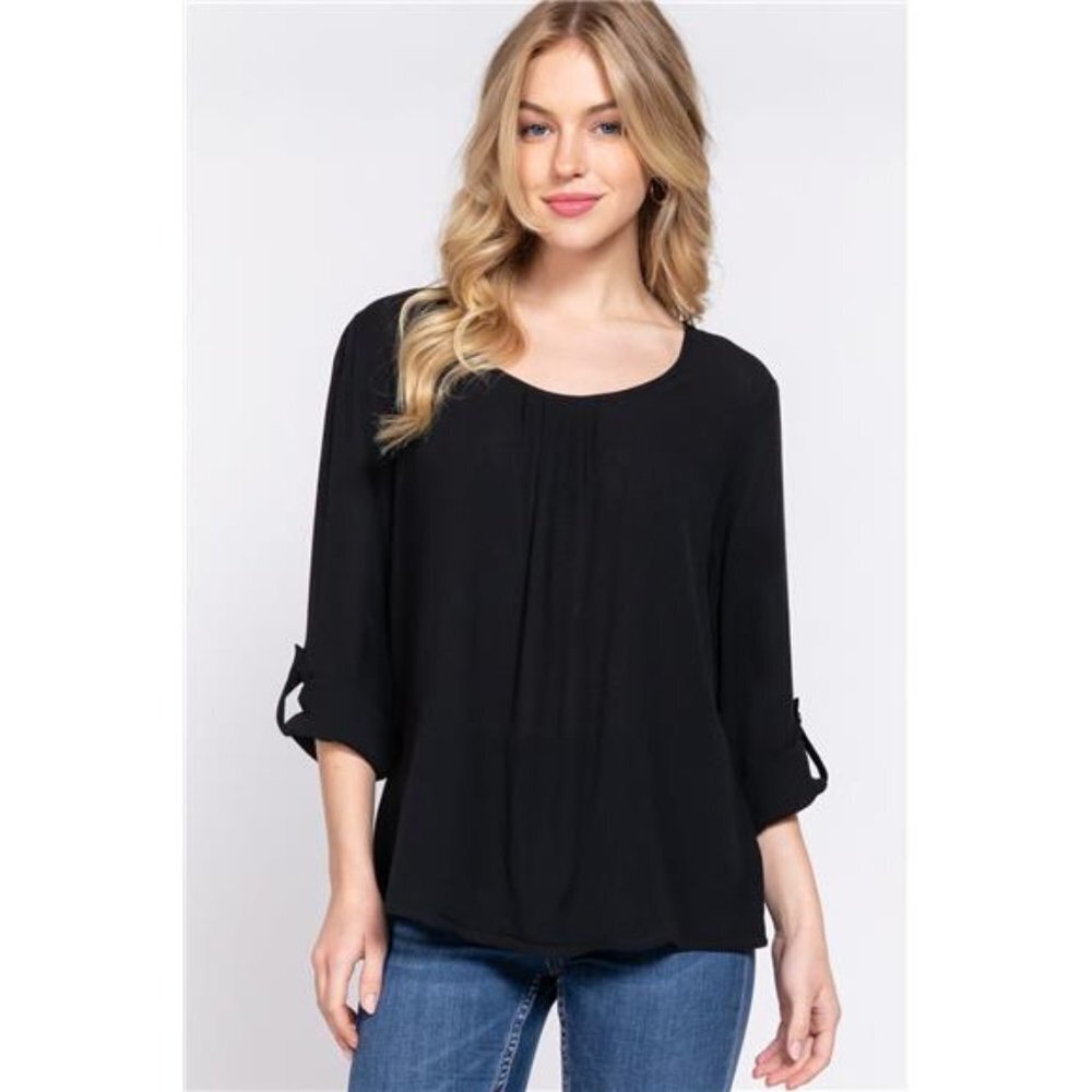 3/4 Roll-Up Sleeves/ Round Neck/ Pleated Detail Woven Blouse Tops For Women